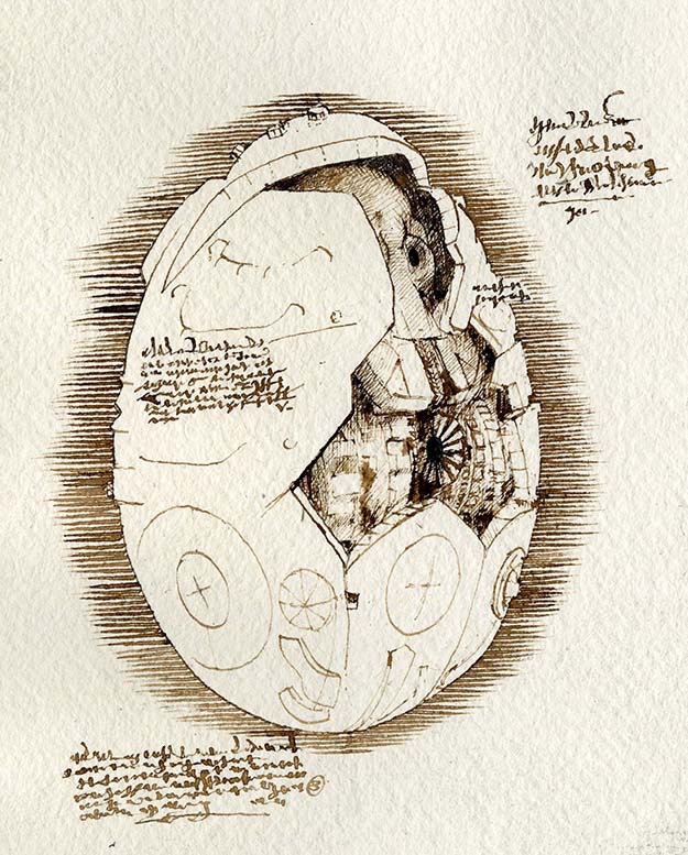 Hellboy II Dir. Guillermo del Toro . Da Vinci Robot hatching form Egg . commissioned by Abrahams Pants